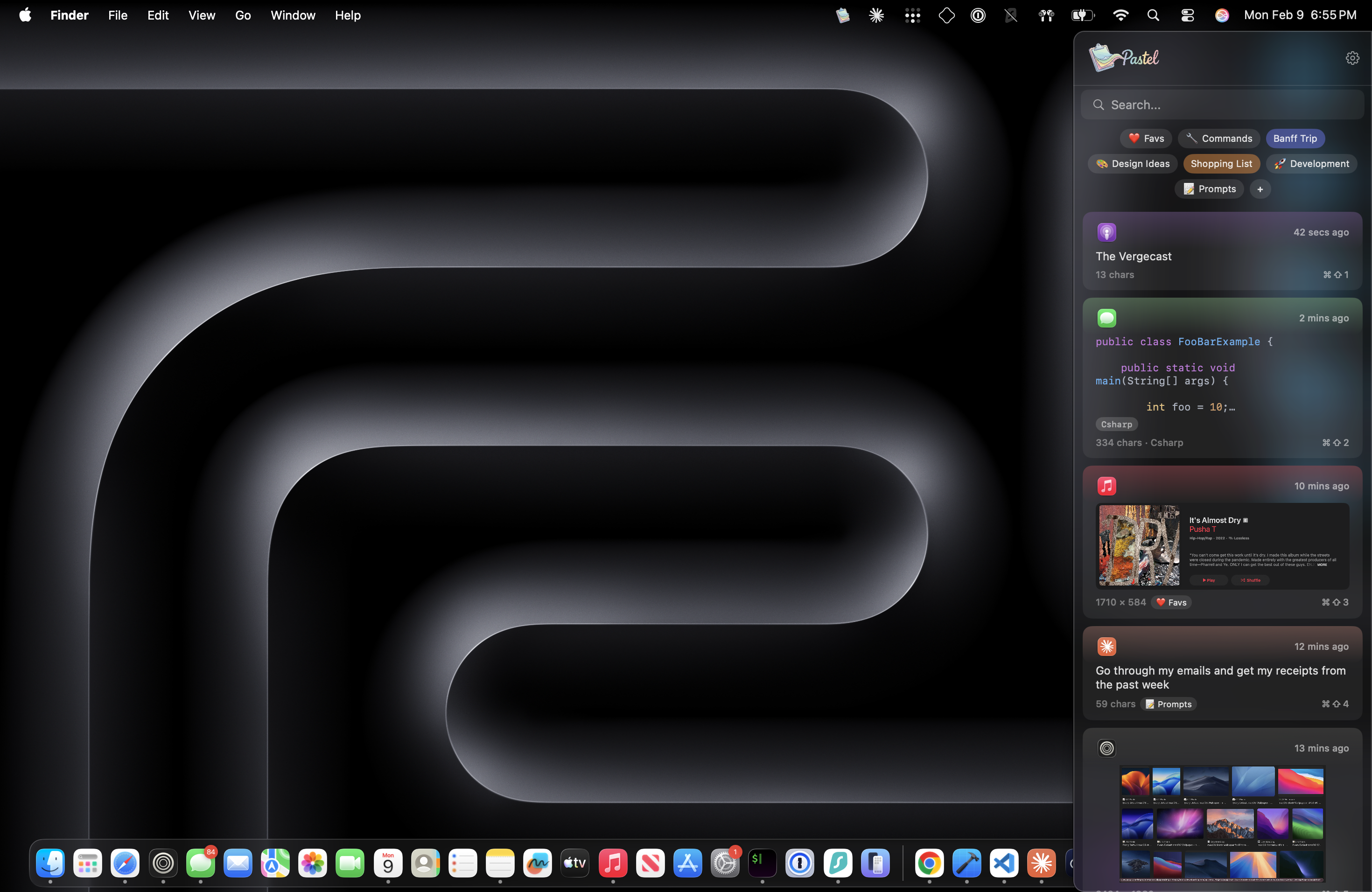Pastel sliding panel showing clipboard history with text, images, links, and code snippets organized with colorful labels
