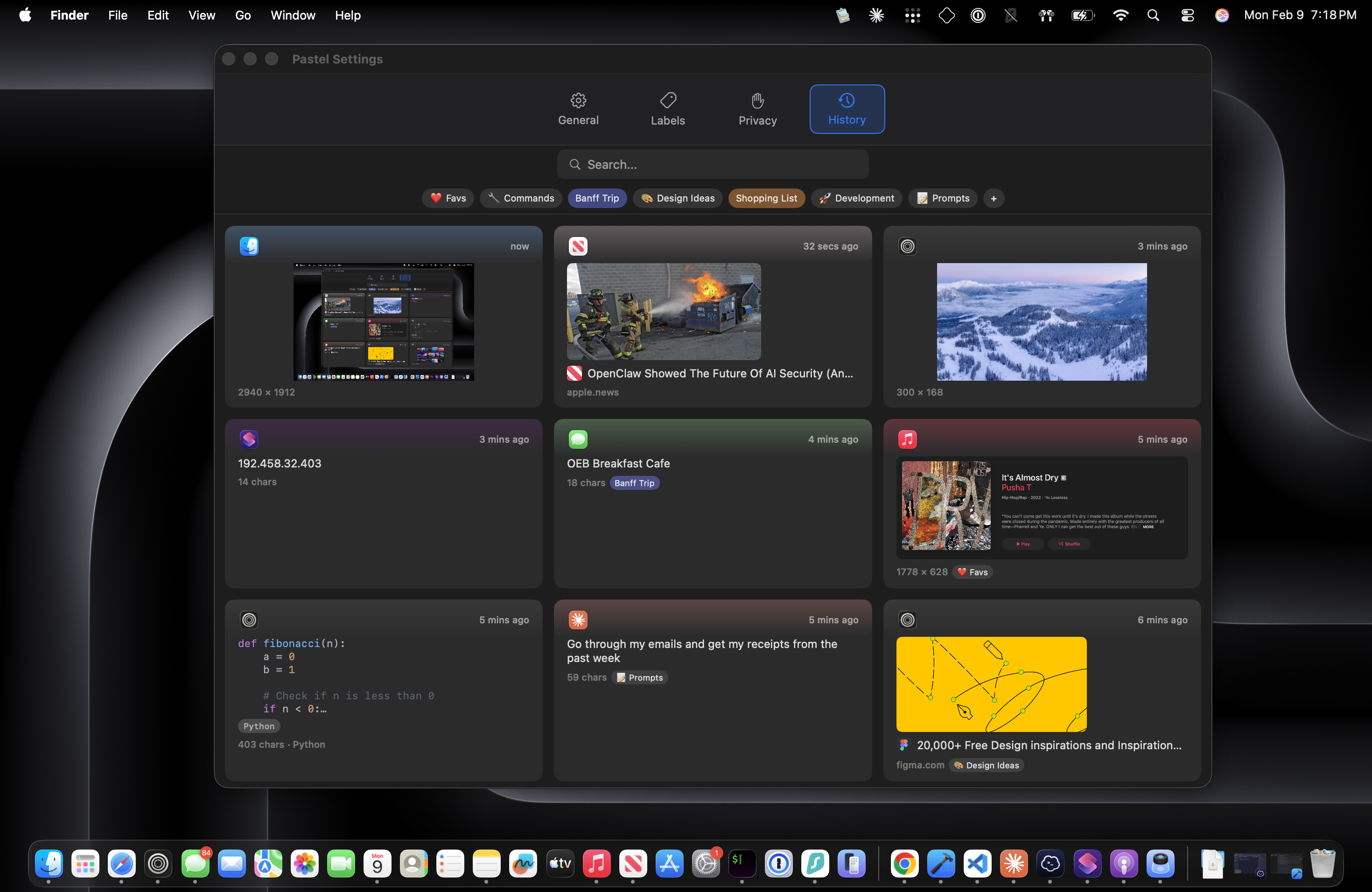 Pastel history browser showing a grid of clipboard items including images, code snippets, URLs, and text organized with colorful label chips